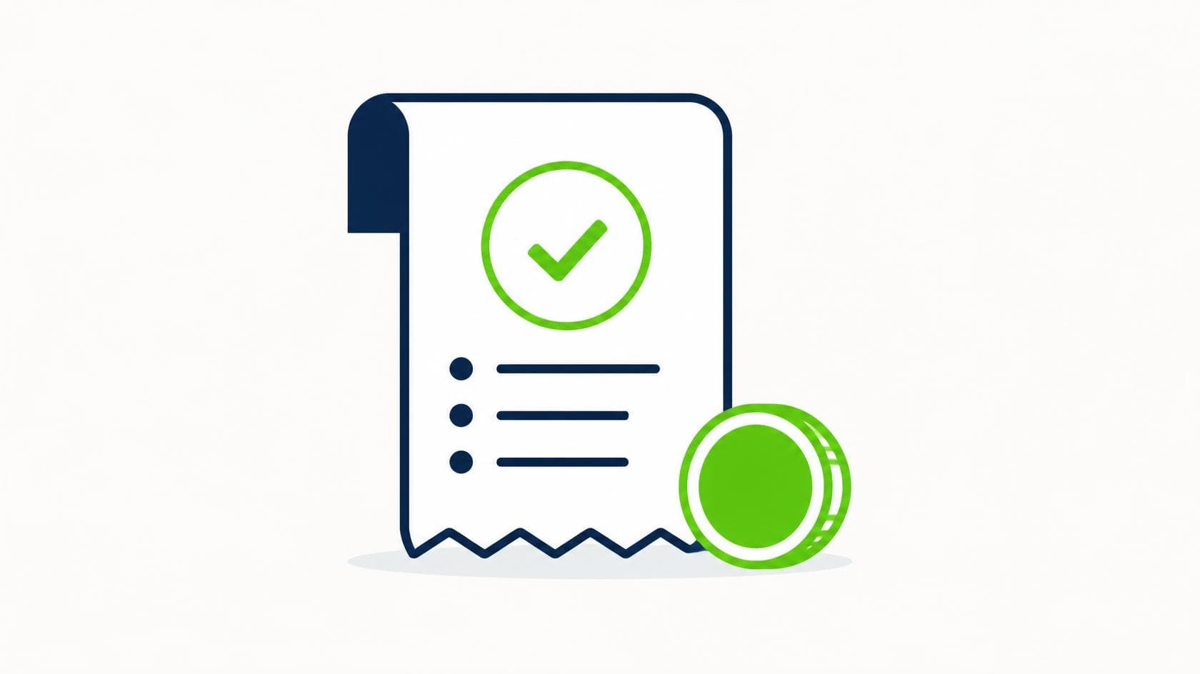 Illustration of a receipt with a checkmark and a coin